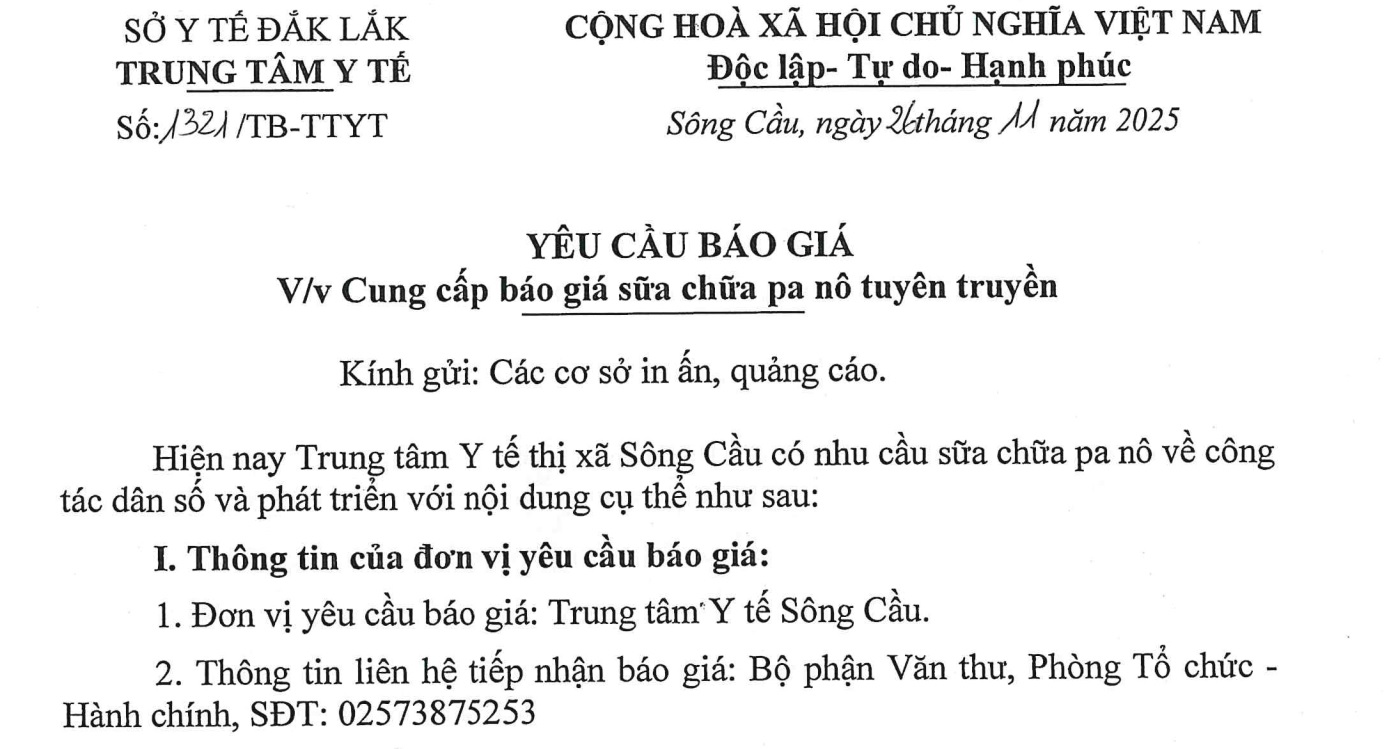 V/v Cung cấp báo giá sữa chữa Pano tuyên truyền Công tác dân số và phát triển